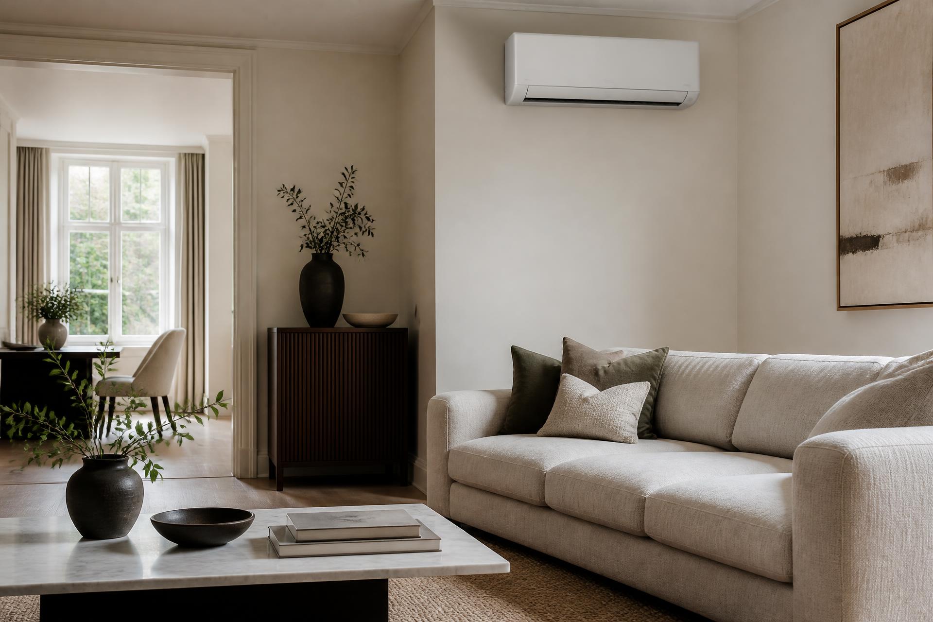 Calm, modern living room with a slim wall-mounted air conditioning unit installed above the sofa
